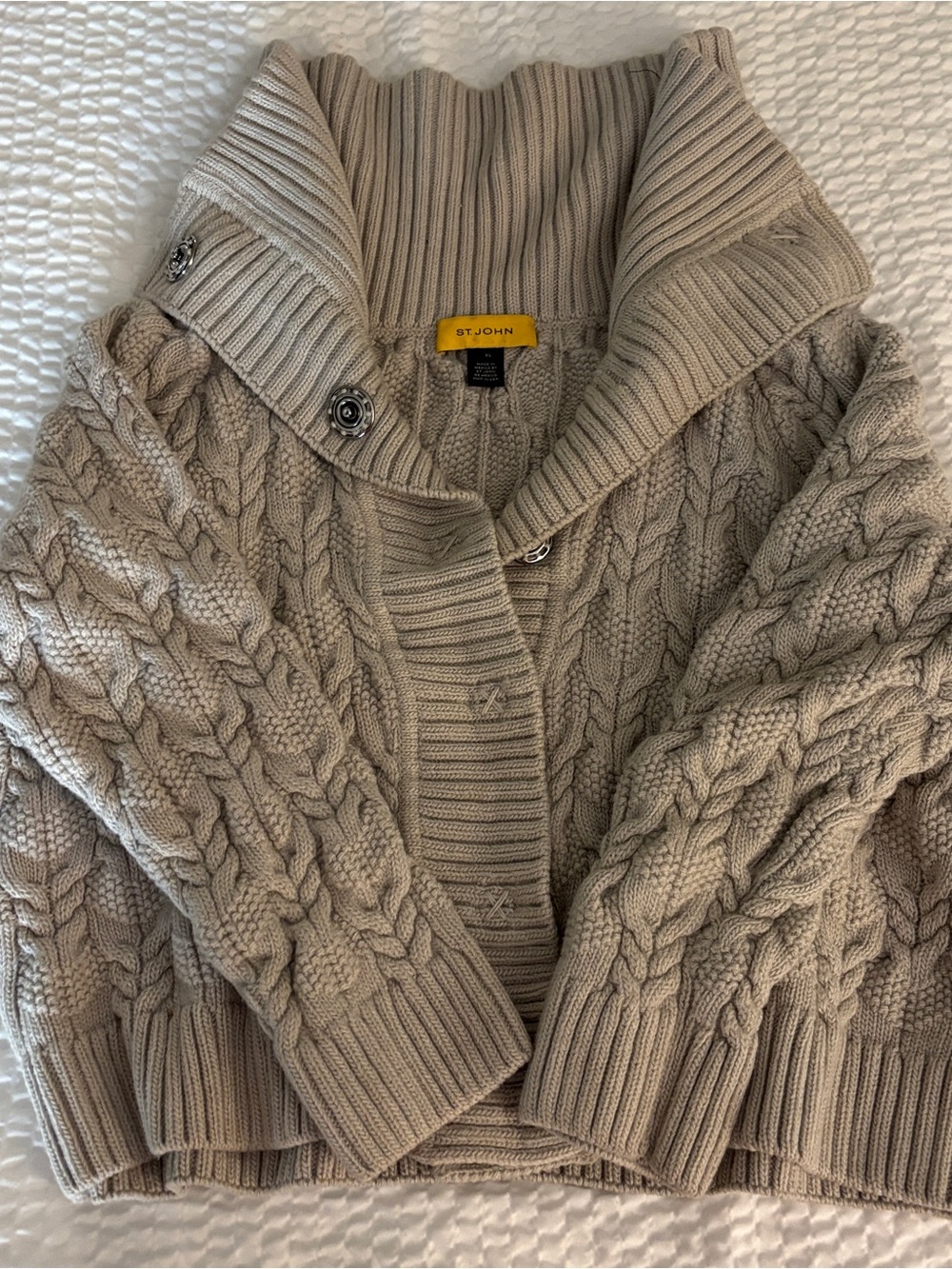 St. John Chunky Wool Blend Taupe Cable-Knit Shawl Collar Cardigan XL